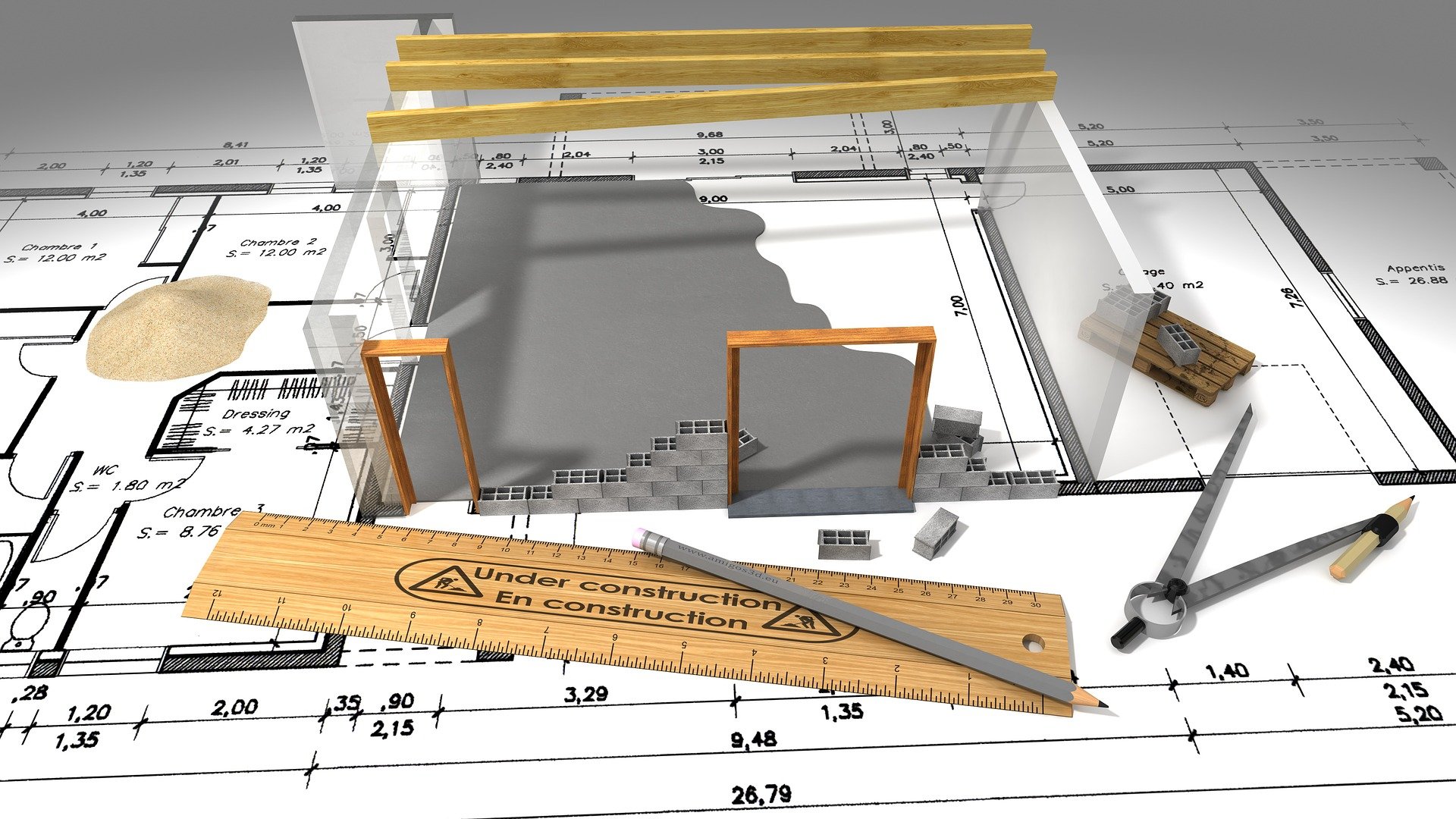 image d'une construction 3d qui prend forme par dessus un plan dessin